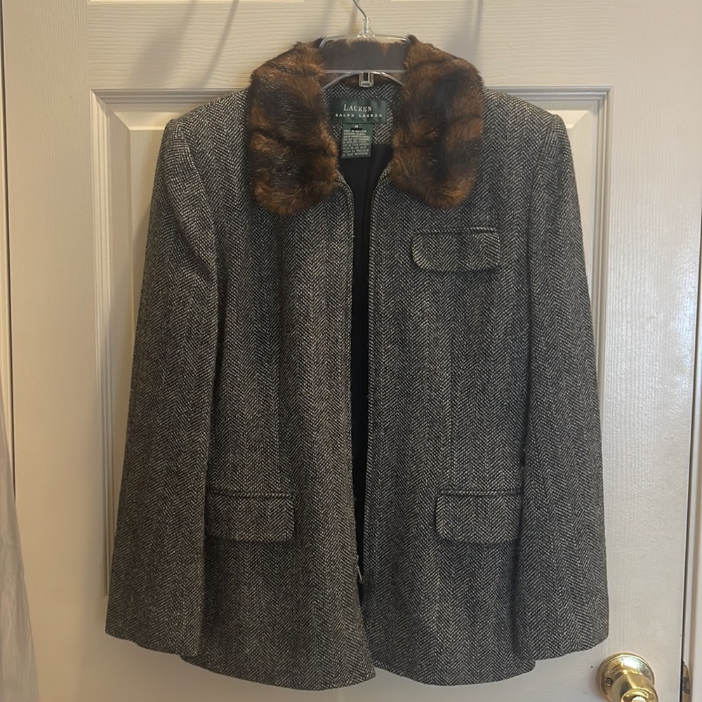 Ralph Lauren Vintage Herringbone Wool Tweed Jacket Faux Fur Collar